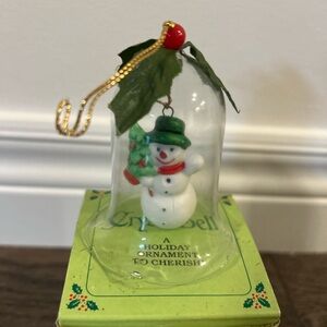 Vintage CrystaBell 3" Hanging Ornament Holiday Snowman Ornament with Green Hat